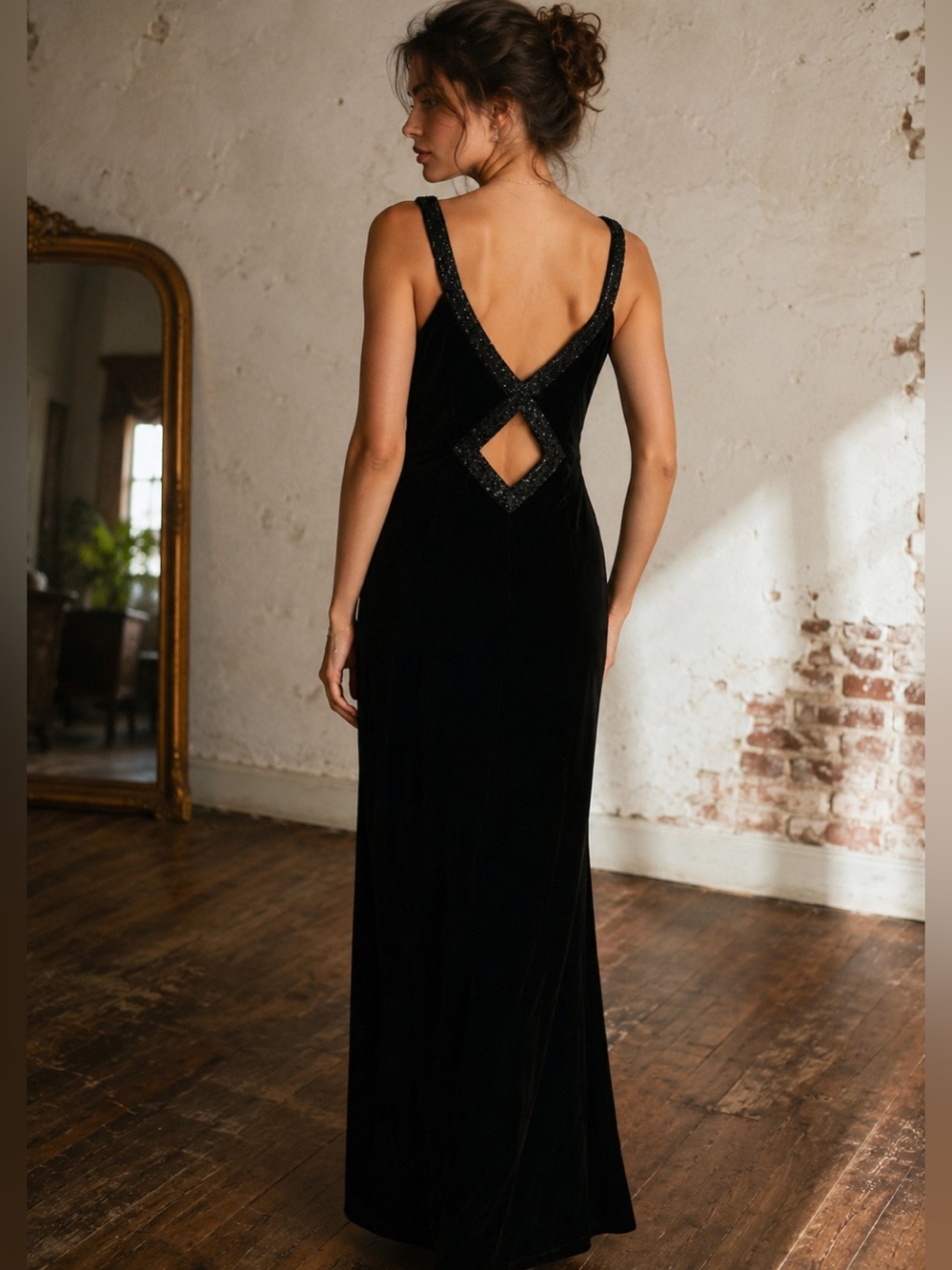 Vintage Alex Evenings Black Velvet Beaded Maxi Gown